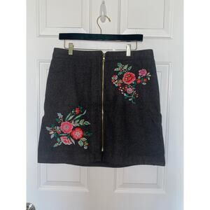 Loft Skirt Gray Wool Blend Embroidered Knee Length Size 12 NWT